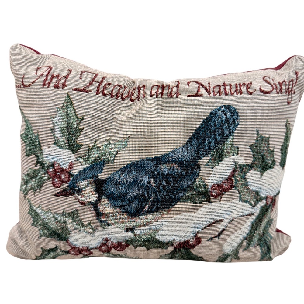 VTG Tapestry Pillow Christmas Bird Burgundy Nature cottagecore cabin festive